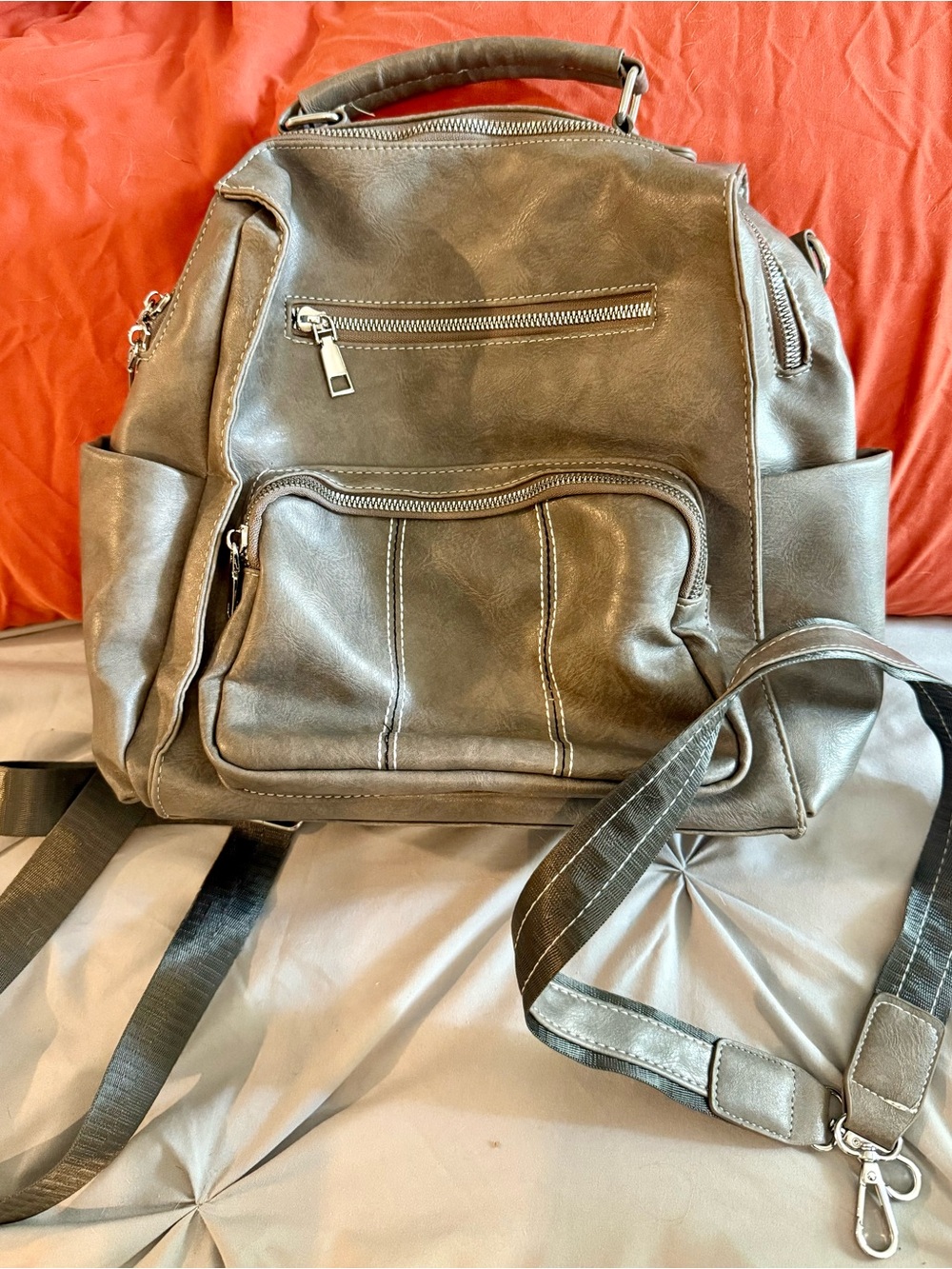 Women’s Gray Faux-Leather Backpack with optional crossbody strap